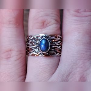 Blue Fire Labradorite 925 Sterling Silver Copper Two Tone Twist Ring s 7.5 J-503